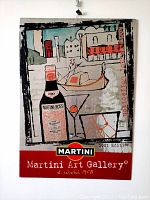 Front view of silkscreen print on aluminum depicting Martini Rosso bottle and martini glass with Venice background and red lower band 'Martini Art Gallery®'.