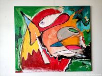 Frontal view of the full abstract painting on canvas showing the multicolored composition