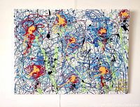 Full front view of the abstract enamel painting on white canvas.