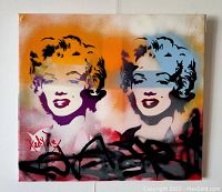 Front view of canvas painting featuring dual stenciled portraits and graffiti tags