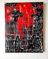 Front view of full painting showing composition of red and black fields with white scribbles