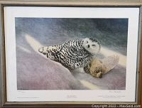 Framed limited edition print of a snowy owl with another bird, signed and numbered in lower margin, showing water stain and frame condition
