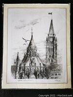 Full view of the hand signed limited edition print showing detailed architectural drawing of Gothic structures including a clock tower and conical roof with statues.