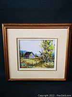 Framed original painting showing barn, trees and fence in landscape scene