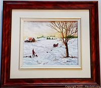 Framed oil on canvas painting showing full artwork and frame in a snowy rural scene