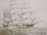 Close-up of the detailed black and white sailing ship print showing intricate rigging.