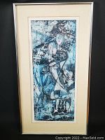 Full view of framed abstract monoprint etching showing blue-black-white abstract human-like forms.