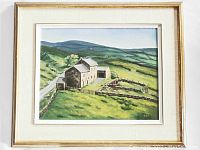 Front view of framed landscape painting showing rural stone farmhouse and green hills.