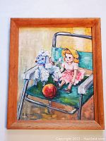 Framed original painting showing the full artwork with the girl, poodle, and chair.