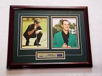 Framed display with two colour photos of golfer Mike Weir, plaque, and dark wood frame.