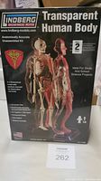 Photo of the Lindberg Science Transparent Human Body model kit box showing the product name, brand, and depiction of the 3D anatomical model across skeleton, muscle, and transparent outer layers.