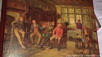 Print showing five men in an old wood-paneled room with a fireplace, some seated and some standing.