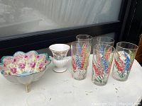 Five hand painted floral glasses, Wedgwood white vase and Victorian footed bowl with floral design and gold accents