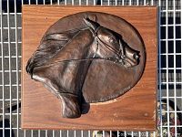Full view of bronze horse head plaque mounted on wood backing, showing overall condition and size.