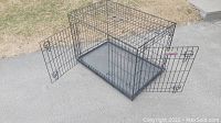 Full view of open black metal dog crate showing front door open, placed on pavement with grass background.