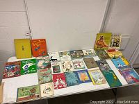 Entire lot of children's books laid out on a white table