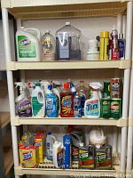 Wide shot of three shelves holding various bottles and containers of cleaning supplies including bleach, soaps, sprays, and liquids