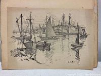 Overall view of unmounted lithograph depicting sailboats in harbor