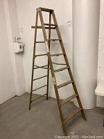 Front view of Werner wood step ladder showing eight steps and metal braces for support.