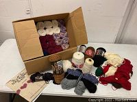 Top-down view of box filled with yarn skeins and several skeins and spools laid outside the box on a white table.