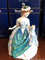 Front view of figurine in front of Royal Doulton box
