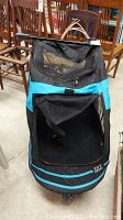 Front view of the black pet stroller with blue stripes and mesh window open.