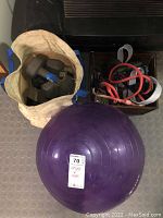 Canvas bag filled with various hand weights including 12 lb neoprene dumbbells and metal adjustable dumbbells. Purple yoga ball in foreground.