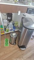 View of kitchen cabinet area showing two stainless steel trash cans, green mop, and various cleaning supplies on bottom shelf.