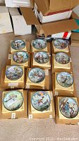Overview of twelve porcelain plates in original labeled boxes on carpeted floor