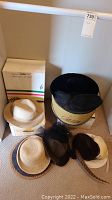 Six hats displayed including a beige men’s wool fedora, a black hat in box, straw hat, two black fascinators one with feather, and a labeled white box.