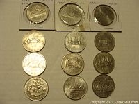 Twelve Canadian one dollar coins laid out on a surface, some in protective holders, showing obverse and reverse designs including Voyageur canoe, Winnipeg 100th Anniversary and floral emblem.