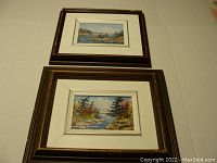 Two framed oil paintings on a beige surface showing colorful Georgian Bay landscapes with trees and water.