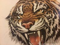 Close-up of tiger's head showing detailed, realistic features including fur, whiskers, and teeth.