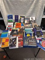 Photo of the entire book lot laid out on a blue surface, showing all 28 books in a variety of sizes and colors