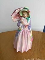 Front three-quarter view of Royal Doulton Miss Demure porcelain figurine showing detailed facial features, parasol, and dress colors.