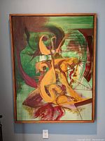 Full view of the mid century abstract painting showing composition and frame.