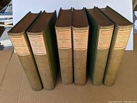 Photo of 6 volumes showing green cloth bindings with paper spine labels describing Lives and Miscellanies volumes.