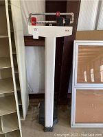 Full view of the Seca beam scale showing white body, black base, and measurement beams with sliders.