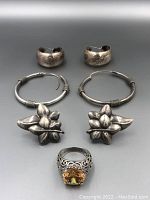 Front view of all jewelry items in the lot including ring and earrings