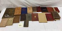 Photo showing entire lot of 18 vintage books arranged in a row, covers facing upwards with visible titles and different colored bindings.