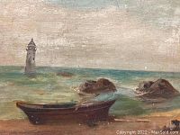 Full view of the oil on board painting showing lighthouse, boat, and rocky beach.