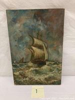 Full view of old sailing ship oil painting on canvas showing waves and sky