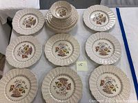 Overview of multiple plates including bread plates, dinner plates, and bowls arranged on a white surface showing the floral pattern and scalloped edges.