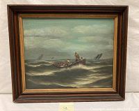 Full view of oil painting of two fishermen in a boat on rough sea with other sailboats on horizon