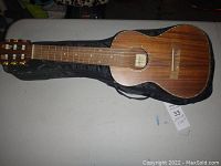 Full view of six-string Denver ukulele on top of black gig bag case.