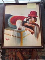 Full frontal view of the oil painting showing clown leaning over a table, signed Jarallo at bottom left.