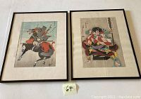 Two framed Japanese portraits featuring a samurai on horseback and a Kabuki actor, both signed and vibrantly colored