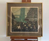 Full framed vintage woodcut print showing market scene and bridge