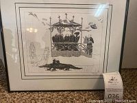 Full framed Edward Gorey print showing group of people under ornate gazebo with tree-like supports.