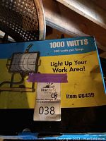 Box showing item is 1000 watts total, 500 watts per lamp, image of floodlight.